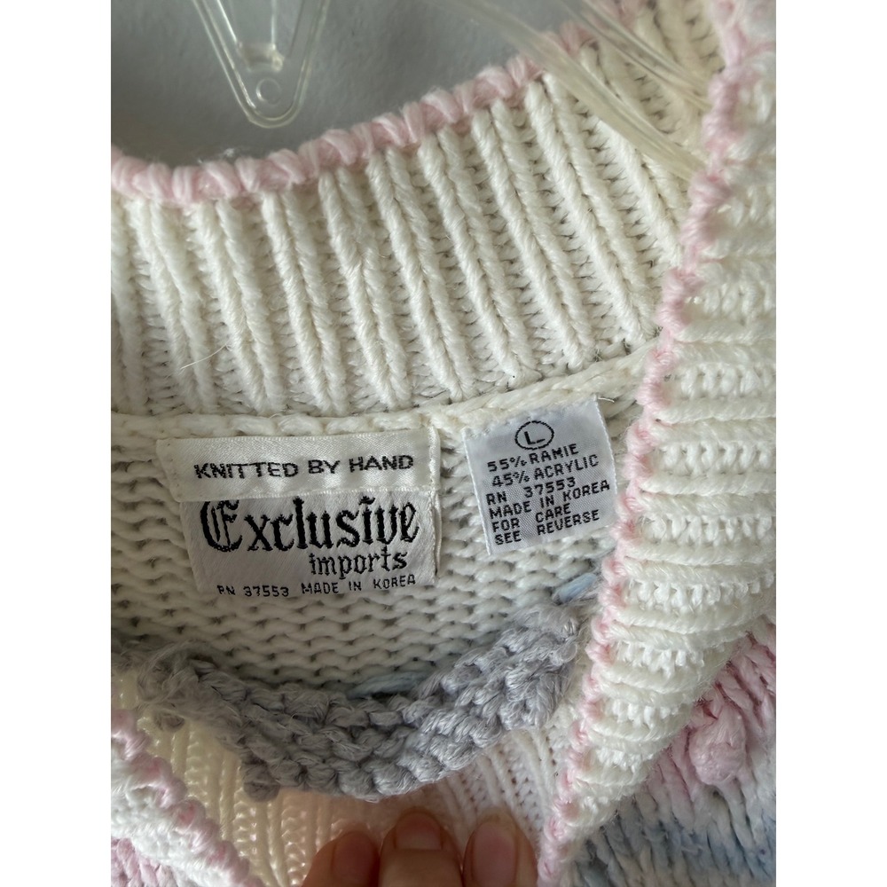 Exclusive Imports Vintage Hand Knit Cable Sweater Pastel Pink Blue White Large - Picture 3 of 9